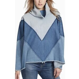 Ella Moss Denim Patchwork Funnel Neck Top Blue Colorblock Soft Grunge XS